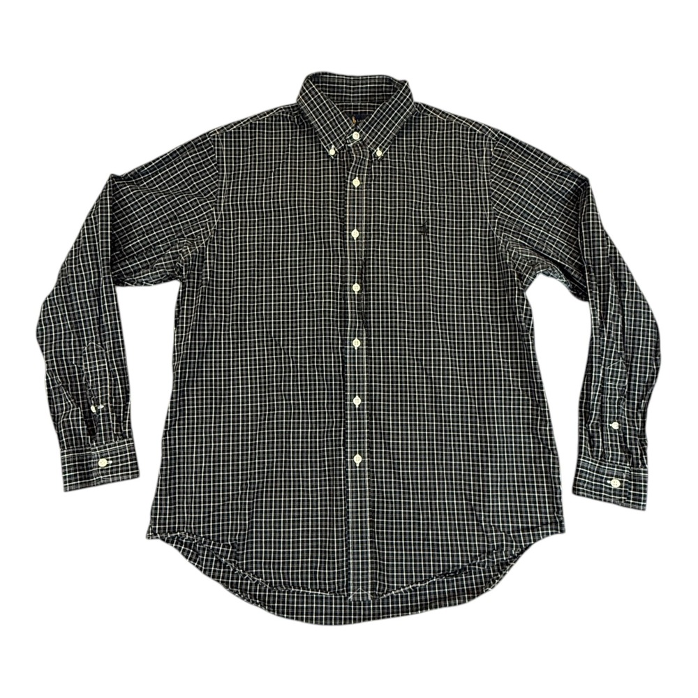 Ralph Lauren Shirt Mens Large Black White Grid Check Button Down Cotton Work